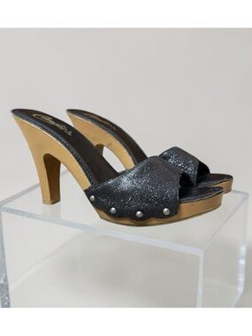 Vintage Candie’s Heels Black Glitter Open Toe Mule Platform Studded 6.5 7 7.5